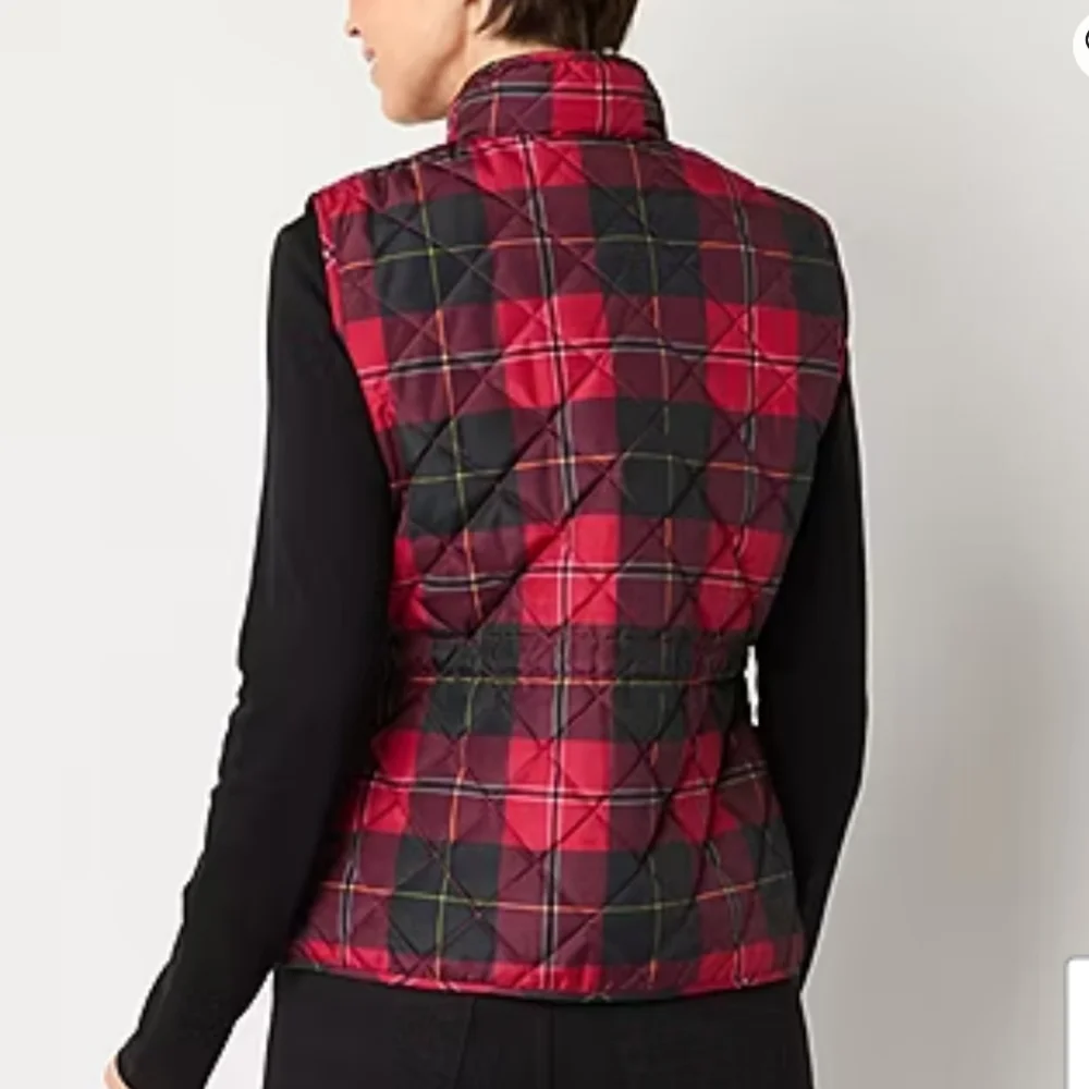 New St. John's Bay Womens Heavyweight Quilted Vest Size M Red Plaid Fall Preppy - Picture 3 of 11